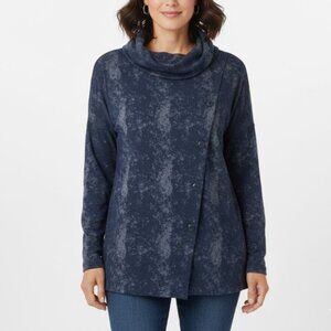 E.L.I Blue Tie Dye Super Soft Pima Cotton Cowl Neck Stretch Top Small‎